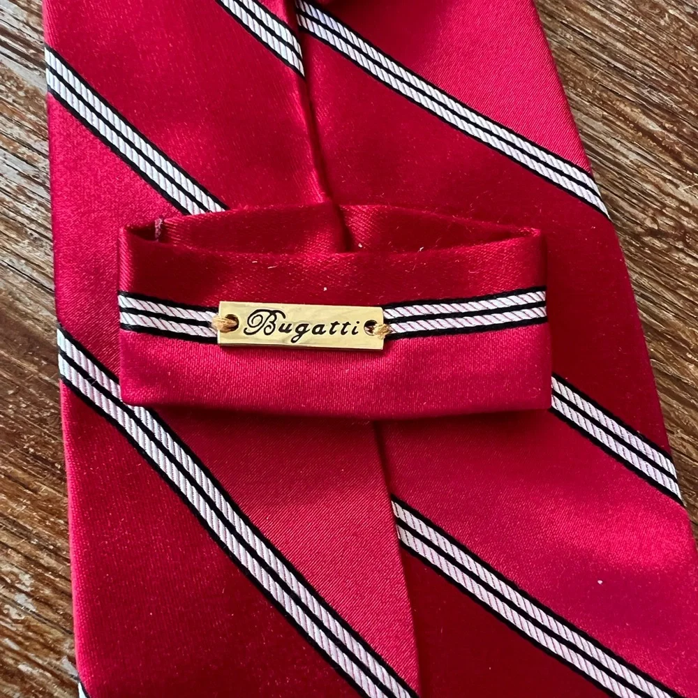 Bugatti Tie Red with White and Black Stripes 100% Silk